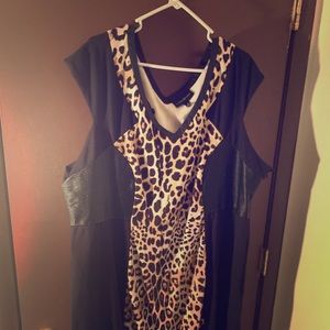 Leopard Print Leather Accented Body-con Dress